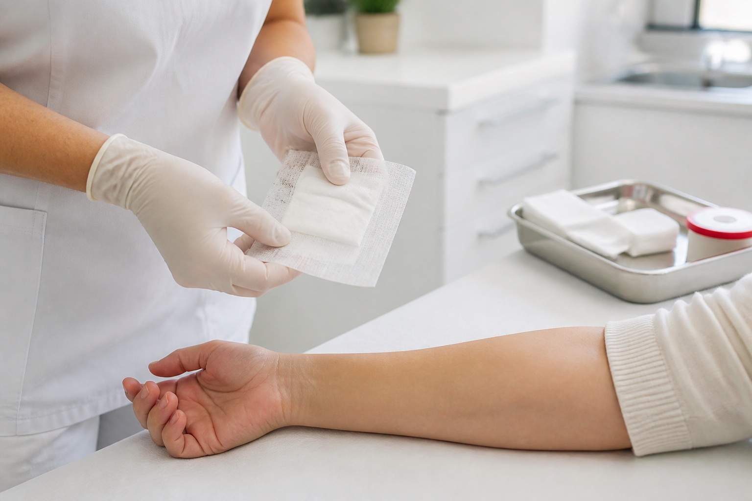 Nurse preparing a sterile dressing in a treatment room