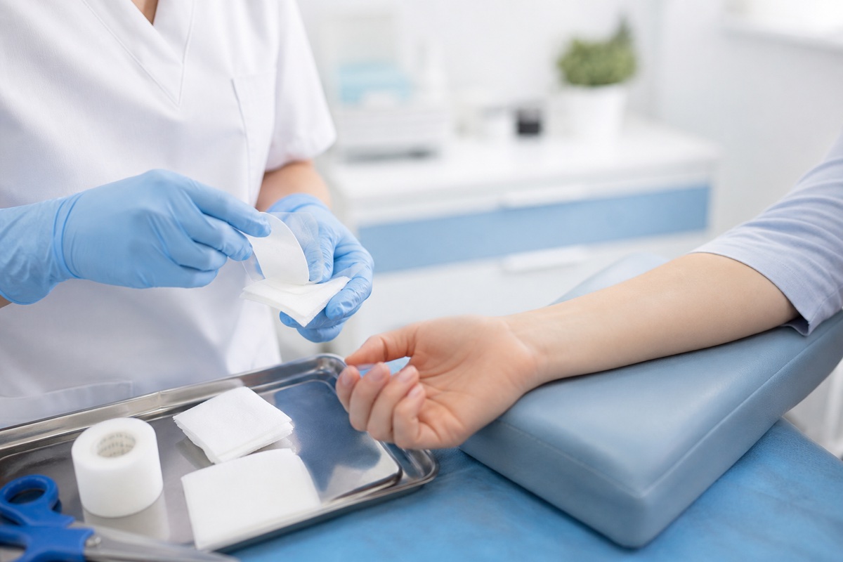 Nurse preparing sterile materials for routine clinical care
