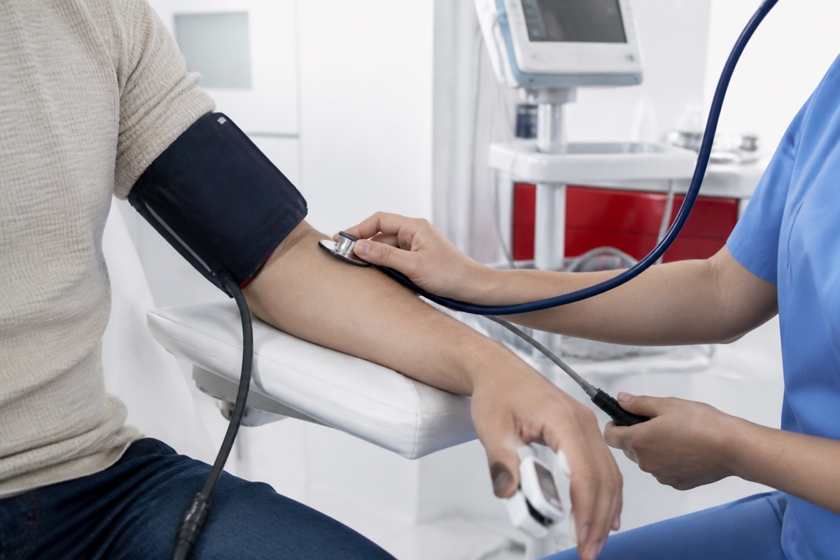 Clinician checking a patient’s blood pressure during a prompt medical assessment